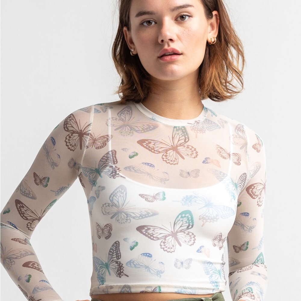 FULL TILT Butterfly Print Mesh Top